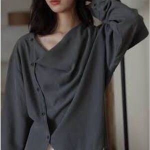 Max Mara asymmetrical-collar silk blouse in dark grey